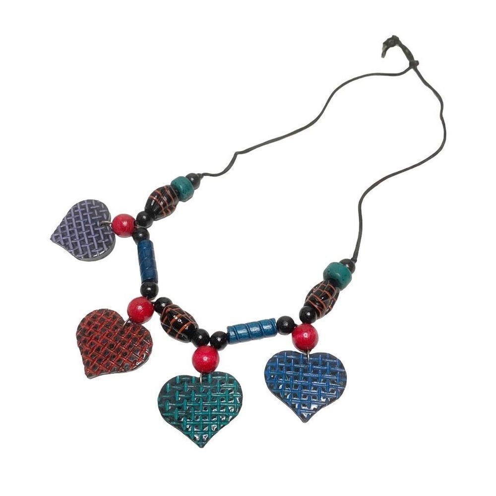 Handcrafted Chunky Ceramic Bead and Heart Four Pendants Necklace on Black Cord